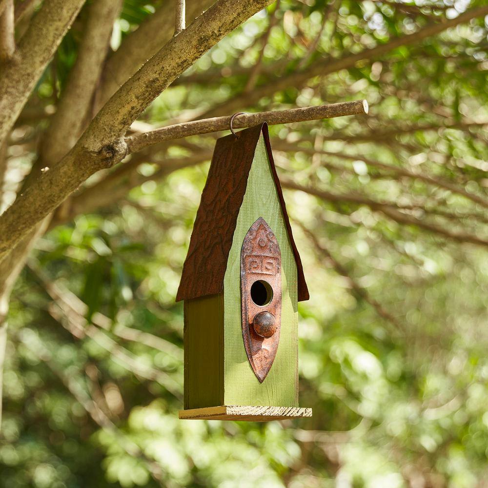 Glitzhome 13.25 in. H Wood Green Solid Distressed Birdhouse