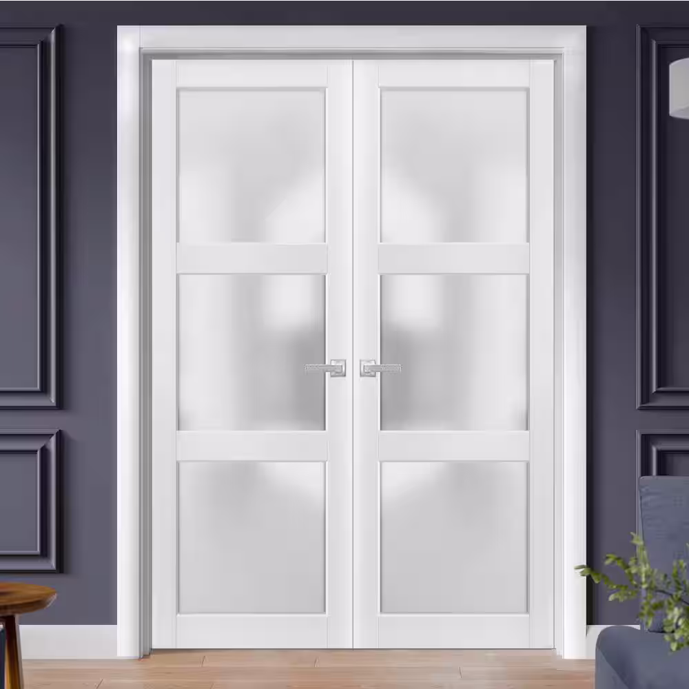 Sartodoors 2552 72 in. x 84 in. Universal Handling 3-Lite Frosted Glass Solid White Finished Pine Wood Interior Door Slab