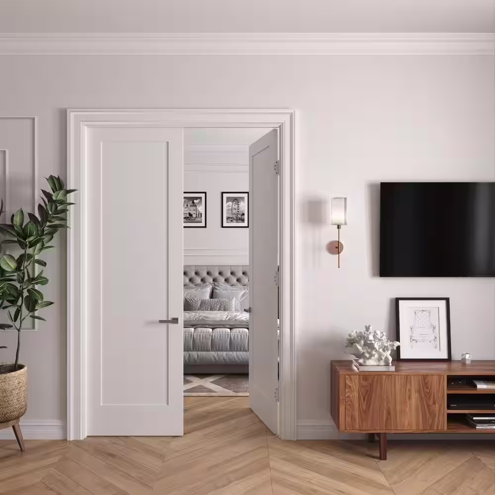 RESO 44 In. x 96 In.Bi-Parting Solid Core Primed White Composite Double Pre-hung French Door Catch Ball Polished Nickel Hinge