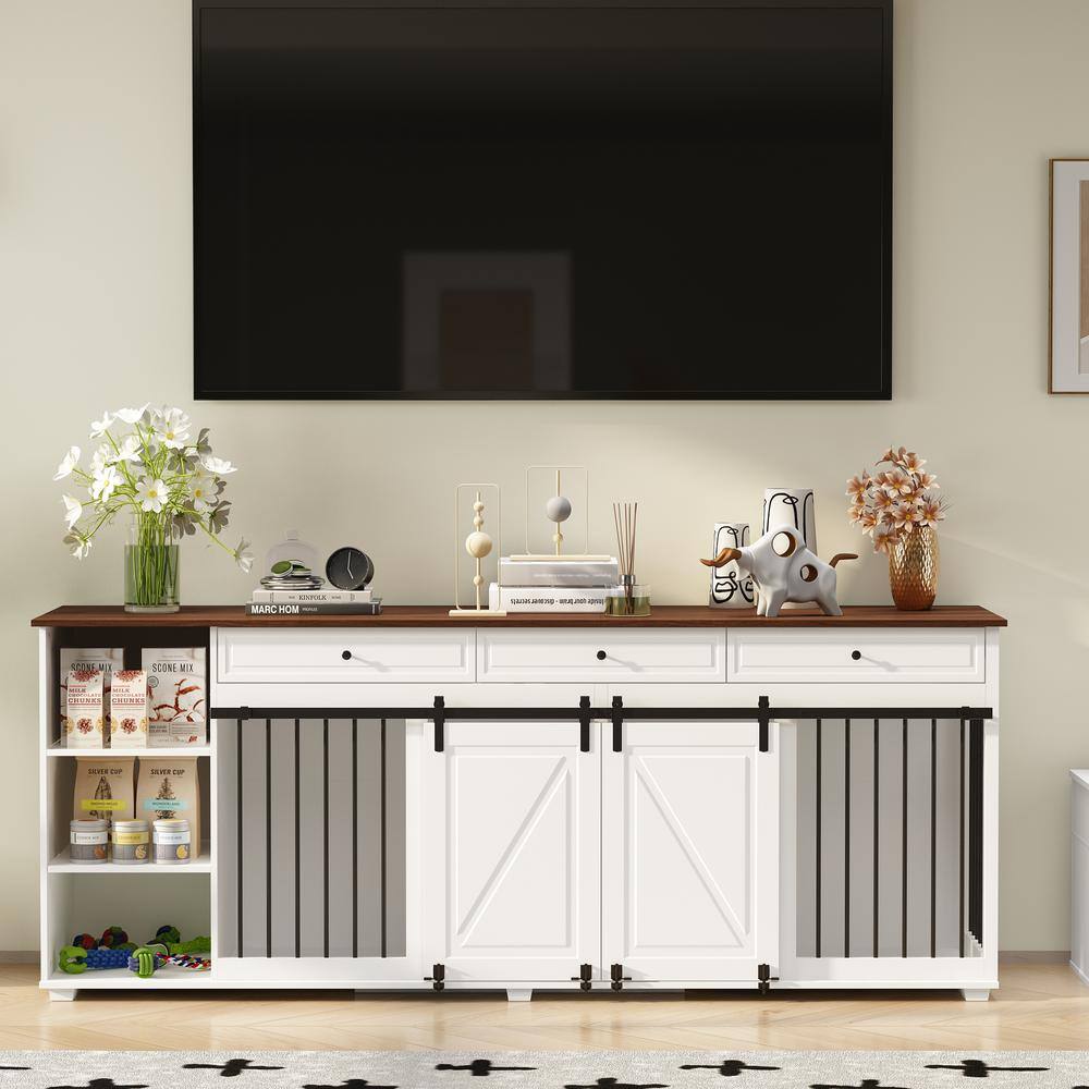 None Upgrade Dog Crate Furniture with 3 Drawers, White Large Furniture Style Dog House Cage for 2 Medium Dogs with Shelves