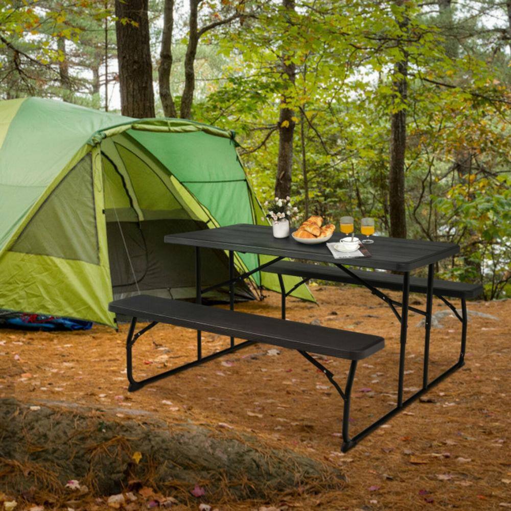 Clihome Black Rectangle Plastic Outdoor Folding Picnic Table Bench Set with Wood-Like Texture
