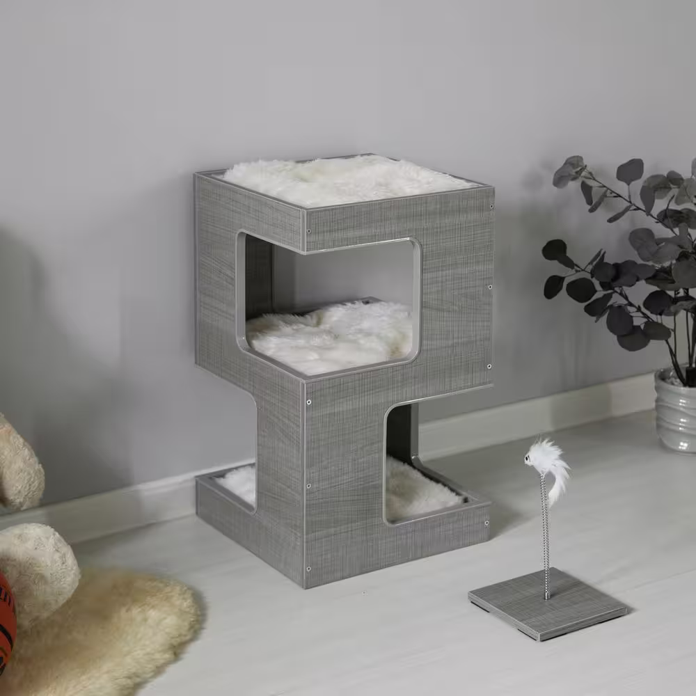 PAWSMARK Multi Level Modern Cat Tall Climbing Tree House for Indoor Cats : Wood Tower Stand with Removable Soft Blanket and Condo