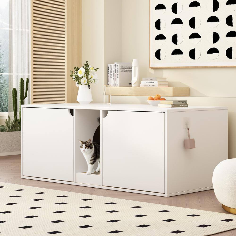 FUFU&GAGA Cat Litter Box Enclosure for 2 Cats, Wood Stackable Cat Washroom Storage Bench End Table Furniture, Log with White