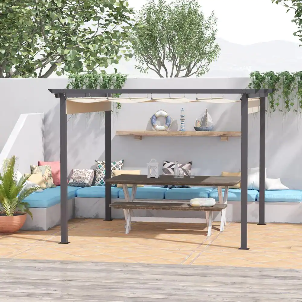 Outsunny 10 ft. x 10 ft. Cream White Retractable Pergola Canopy Patio Gazebo with Aluminum Frame