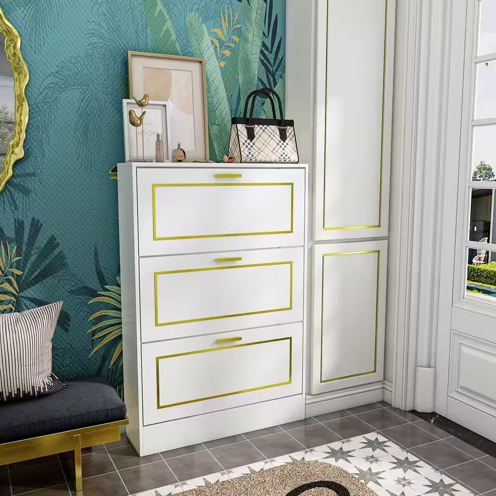None 47.2 in.H x 31.5 in. W White Wooden Shoe Storage Cabinet with 3 Drawers and 2-Tier Shelves in Each
