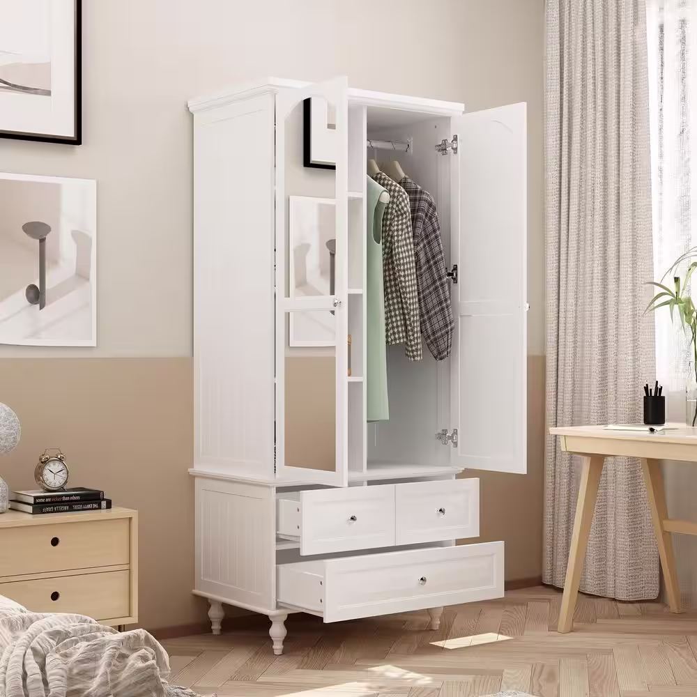 None White Wooden Wardrobe Armoires W/ Mirror,Hanging Rods, Drawers,adjustable Shelves( 19.7 in. D x 31.5 in. W x 70.9 in. H)