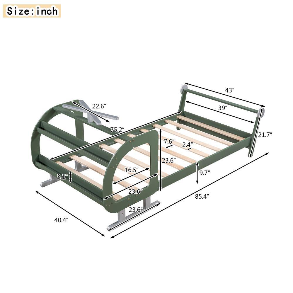 Harper & Bright Designs Green Twin Size Plane Shaped Wood Platform Bed with Rotatable Propeller and Storage Shelves
