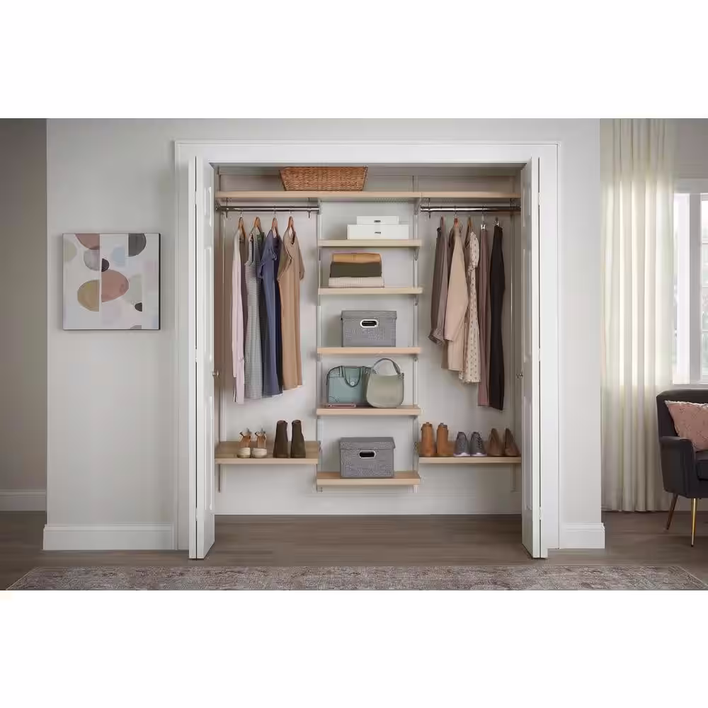 Everbilt Genevieve 6 ft. Birch Adjustable Closet Organizer Double Long Hanging Rods with Shoe Rack and 6 Shelves