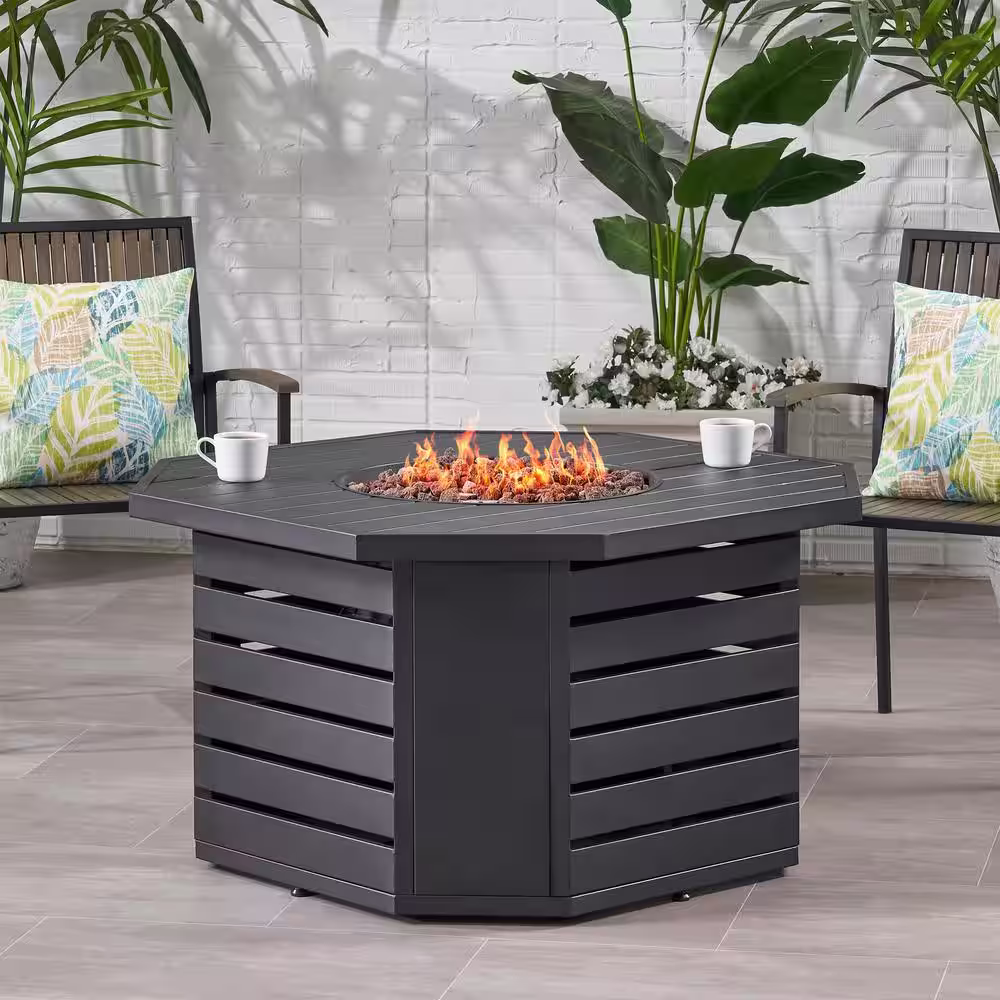 Noble House Rene 45 in. W x 24 in. H Outdoor Iron Gas Burning Matte Black Octagonal Fire Pit