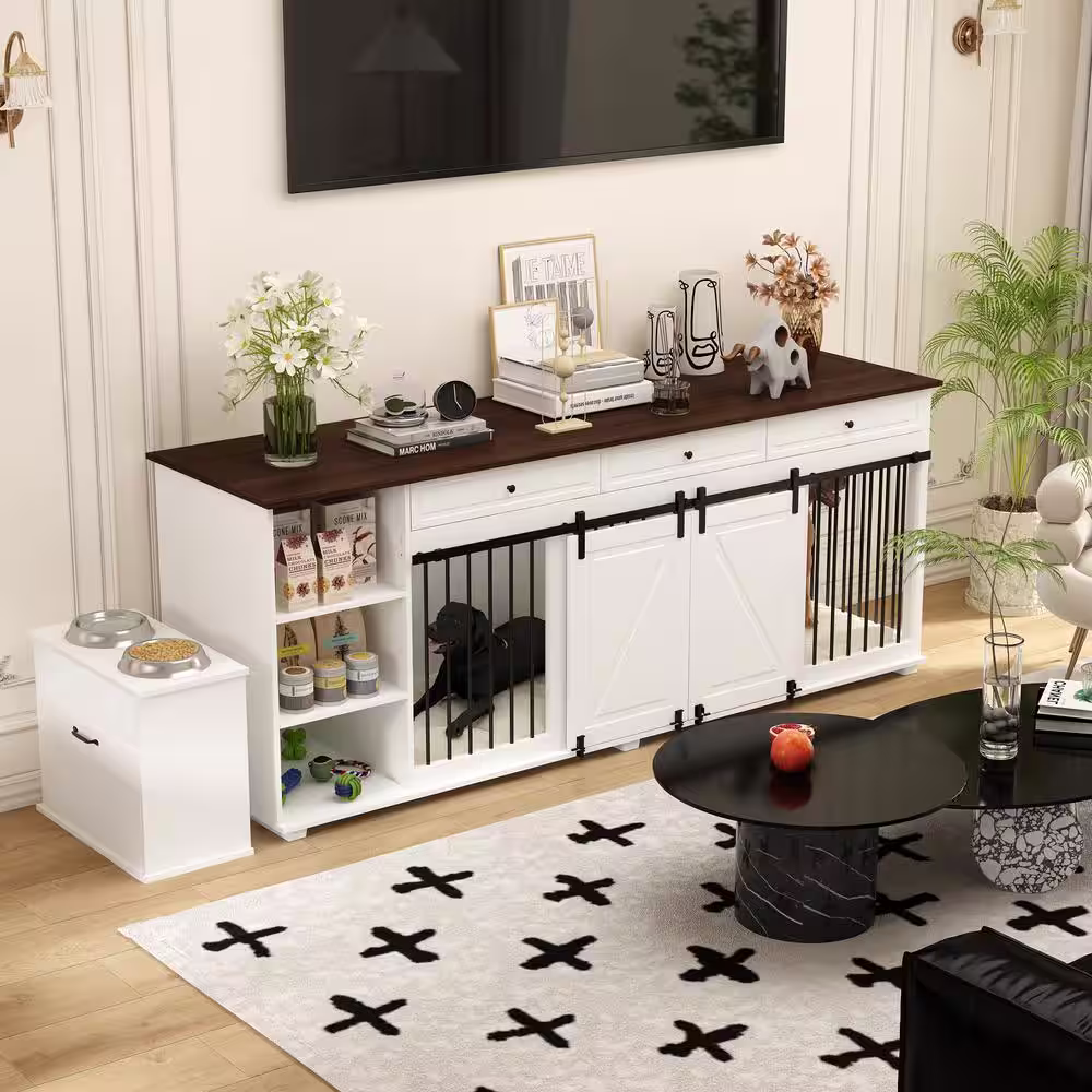 None 86.6 in. Large Dog Crate Furniture, XXL Dog Kennel for 2 Medium Large Dogs Indoor w/Storage Shelves and 3-Drawers, White