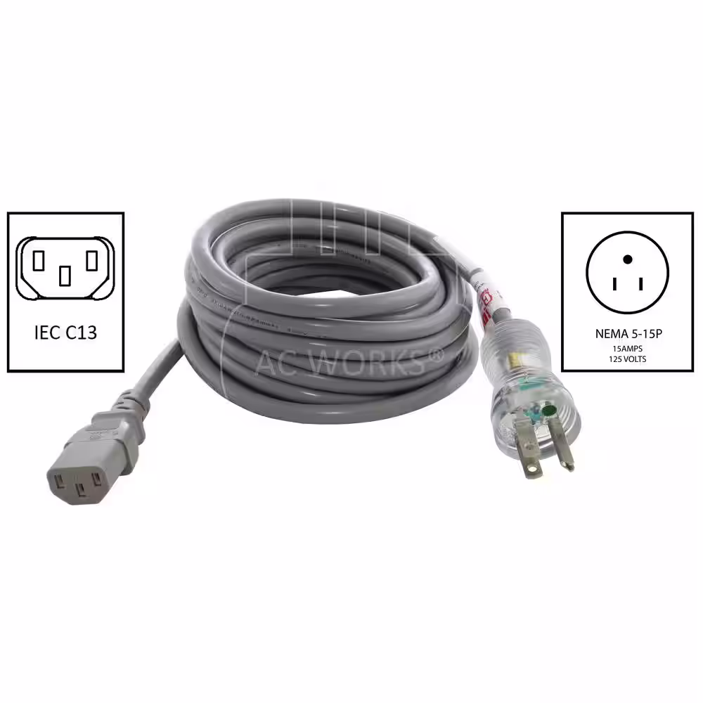 AC WORKS 8 ft. 15 Amp 14/3 Medical Grade Power Cord with IEC C13 Connector