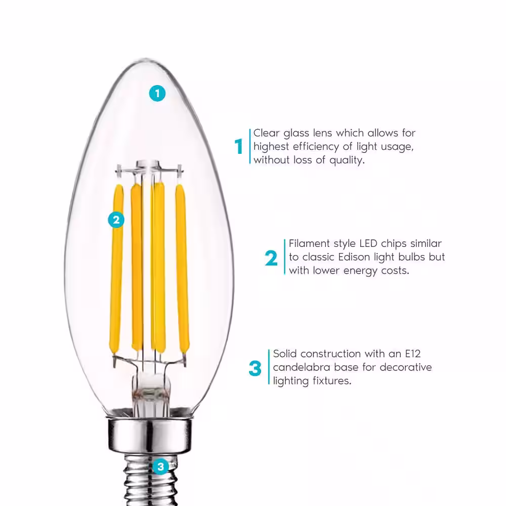 LUXRITE 60-Watt Equivalent B10 Dimmable LED Light Bulbs Clear Glass Filament 5000K Bright White (12-Pack)