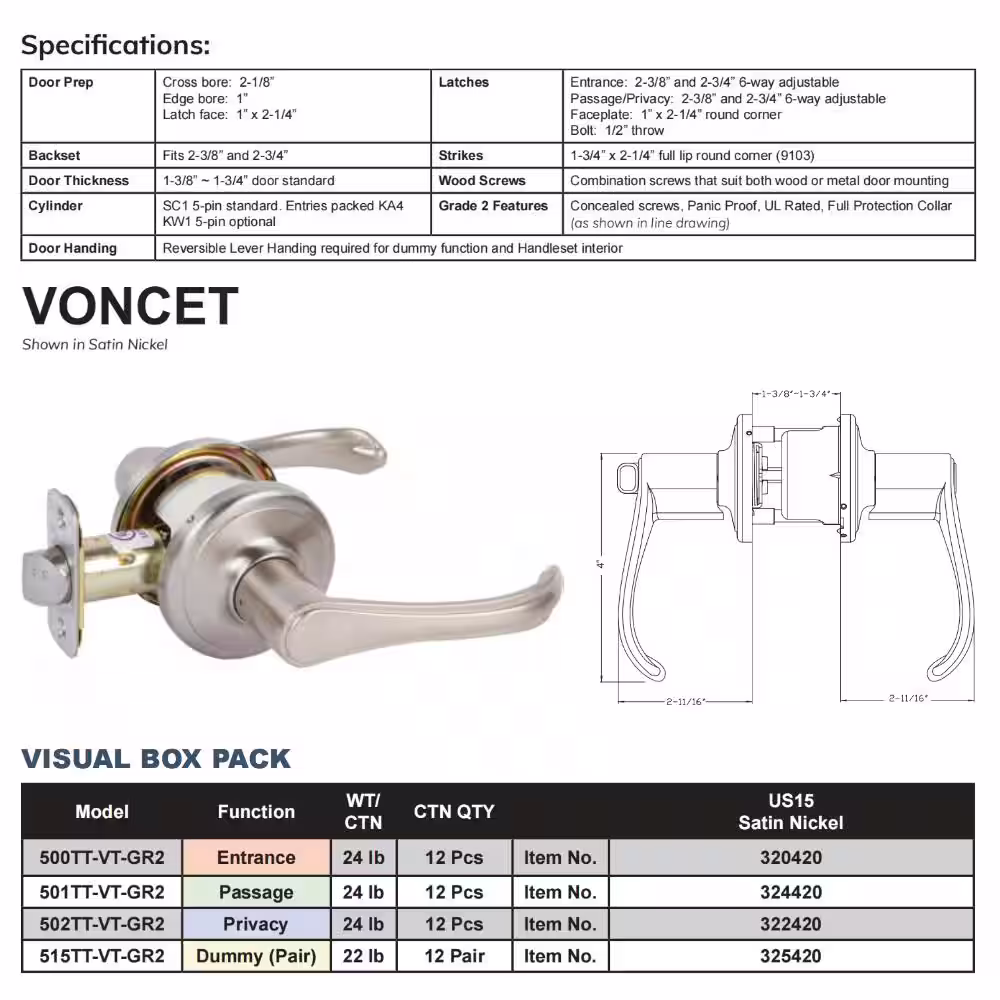DELANEY HARDWARE VL Series Contemporary Style Satin Nickel Straight Hall/Closet Door Lever
