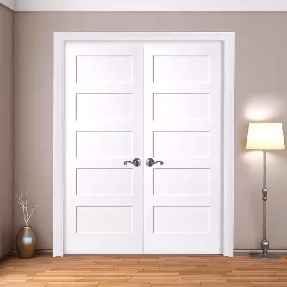 Steves & Sons 48 in. x 80 in. 5-Panel Shaker White Primed Solid Core Wood Double Prehung Interior Door with Bronze Hinges