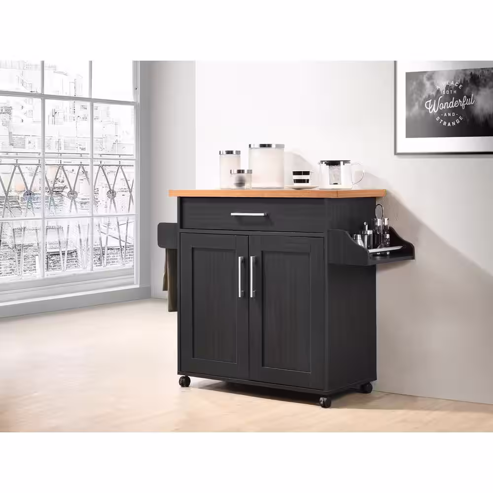HODEDAH Black-Beech Kitchen Island with Spice Rack and Towel Holder