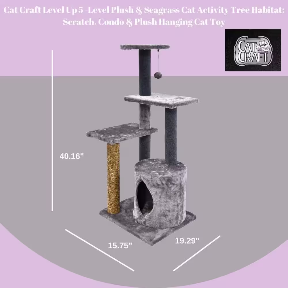 CAT CRAFT 5-Level Plush and Seagrass Cat Activity Tree: Scratch, Condo and Plush Hanging Cat Toy, Gray