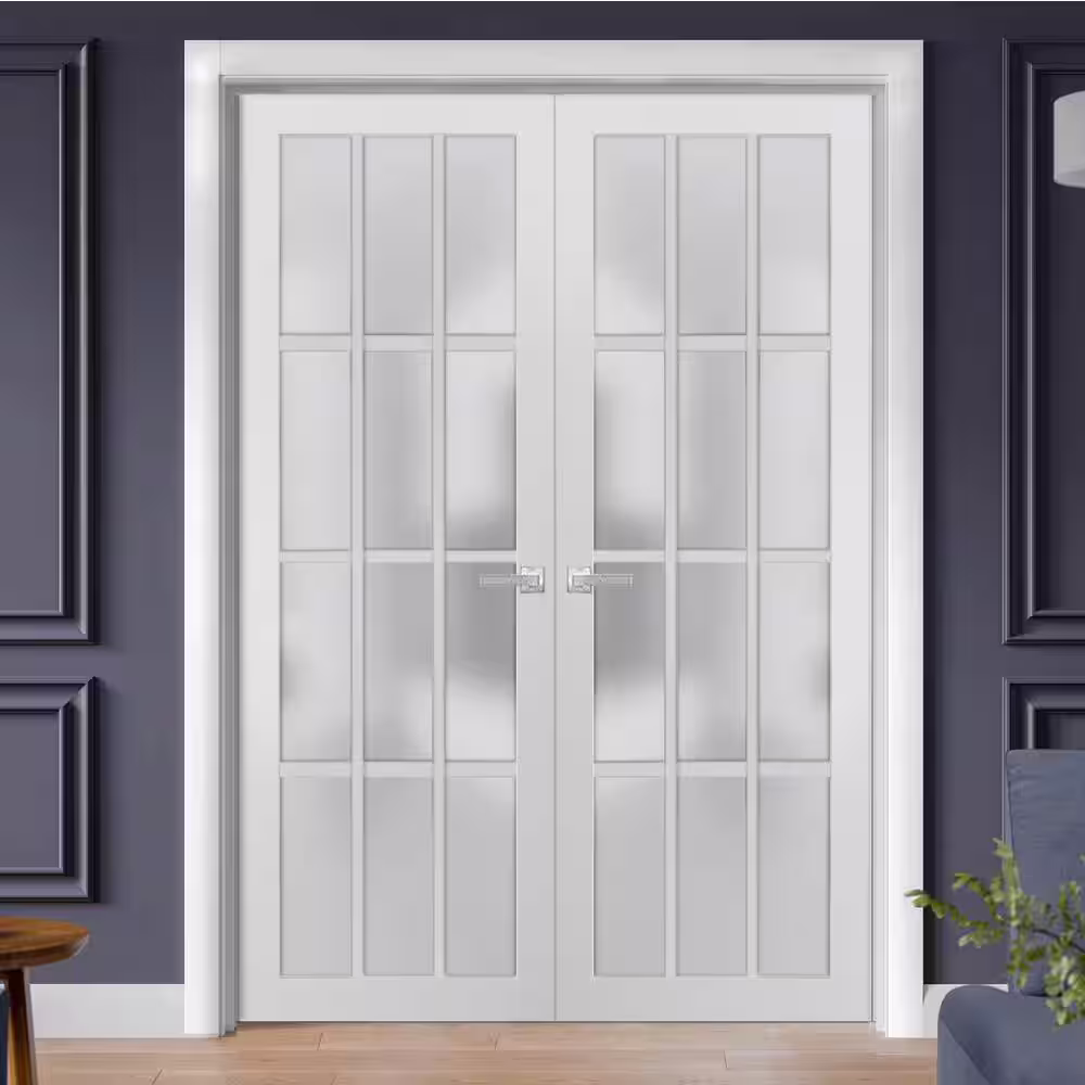 Sartodoors 3312 60 in. x 80 in. Universal Handling Frosted Glass Solid Core White Finished Pine Wood Double Prehung French Door