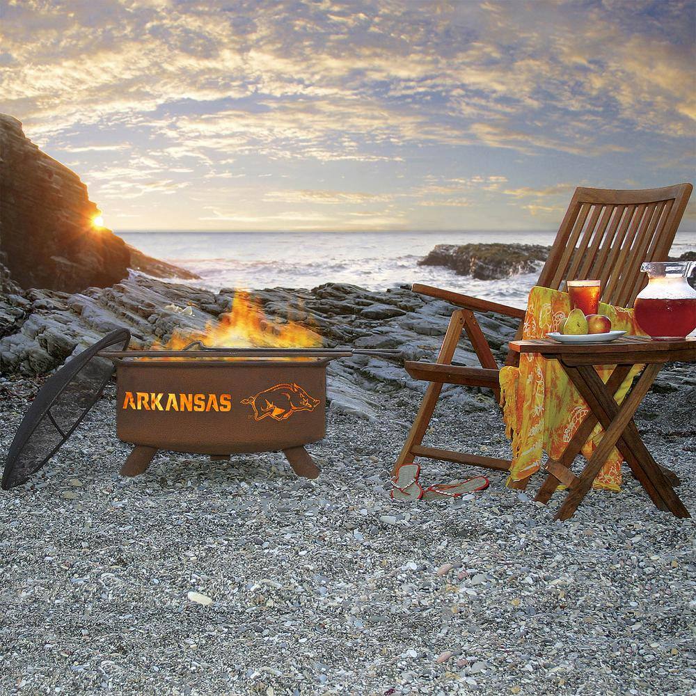None Arkansas 29 in. x 18 in. Round Steel Wood Burning Rust Fire Pit with Grill Poker Spark Screen and Cover