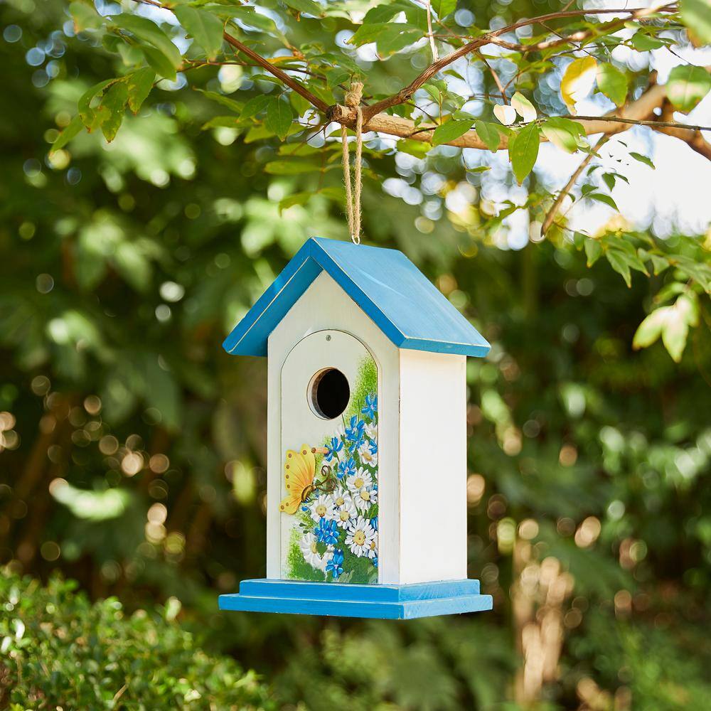 Glitzhome 11.75 in. H Distressed Solid Wood Daisy with Butterfly Birdhouses
