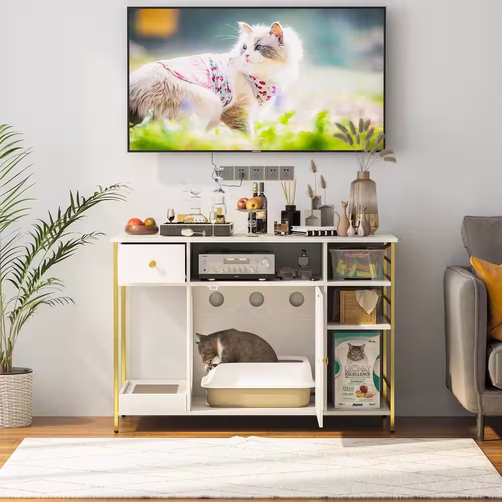 None 6 in 1 White Cat Hidden Litter Box with Drawer and Shelves, Wood Cat Litter Box Enclosure Furniture with Litter Catcher