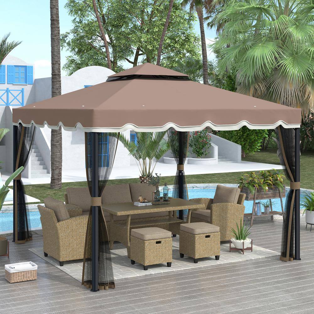None 9.8 ft. x 9.8 ft. Brown Patio Gazebo with Netting, Outdoor Gazebo Canopy with 2 Tier Roof, Steel Frame For Yard, Garden