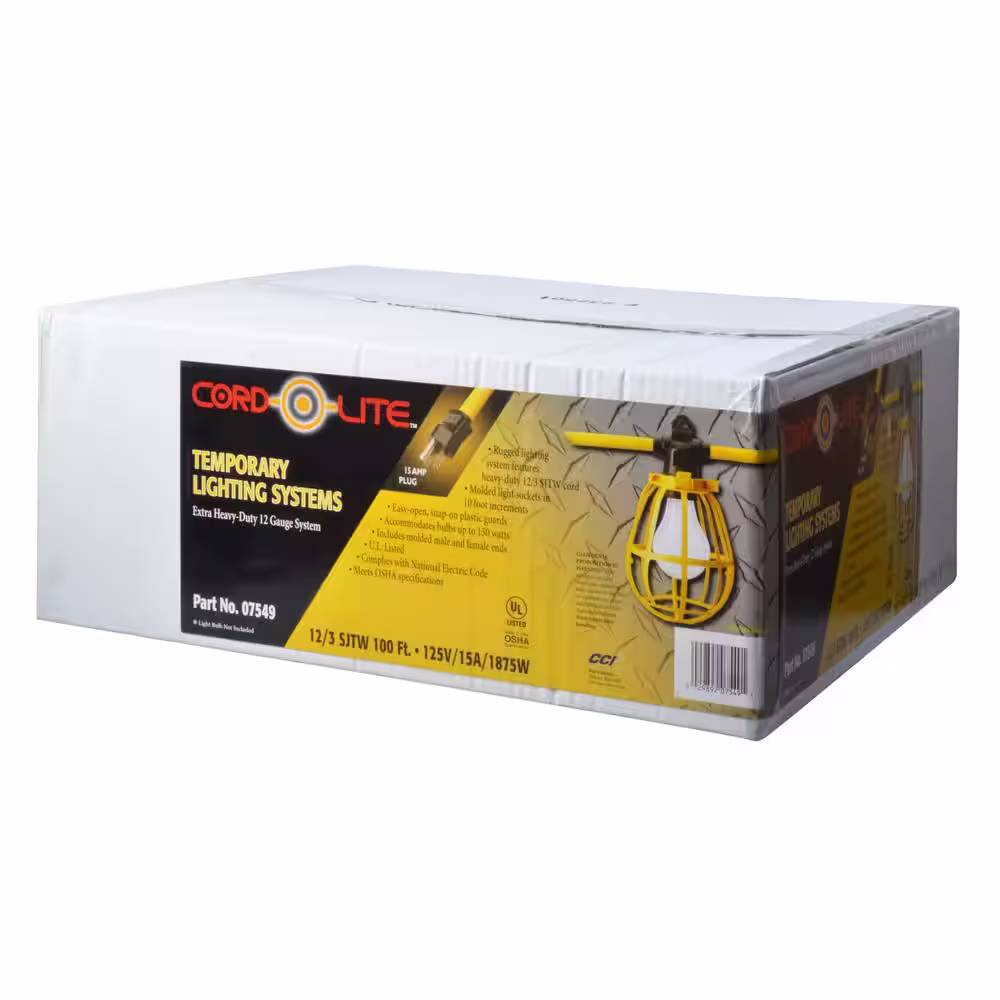 Southwire 100 ft. 12/3 SJTW 10-Light Plastic Cage Light String - Yellow