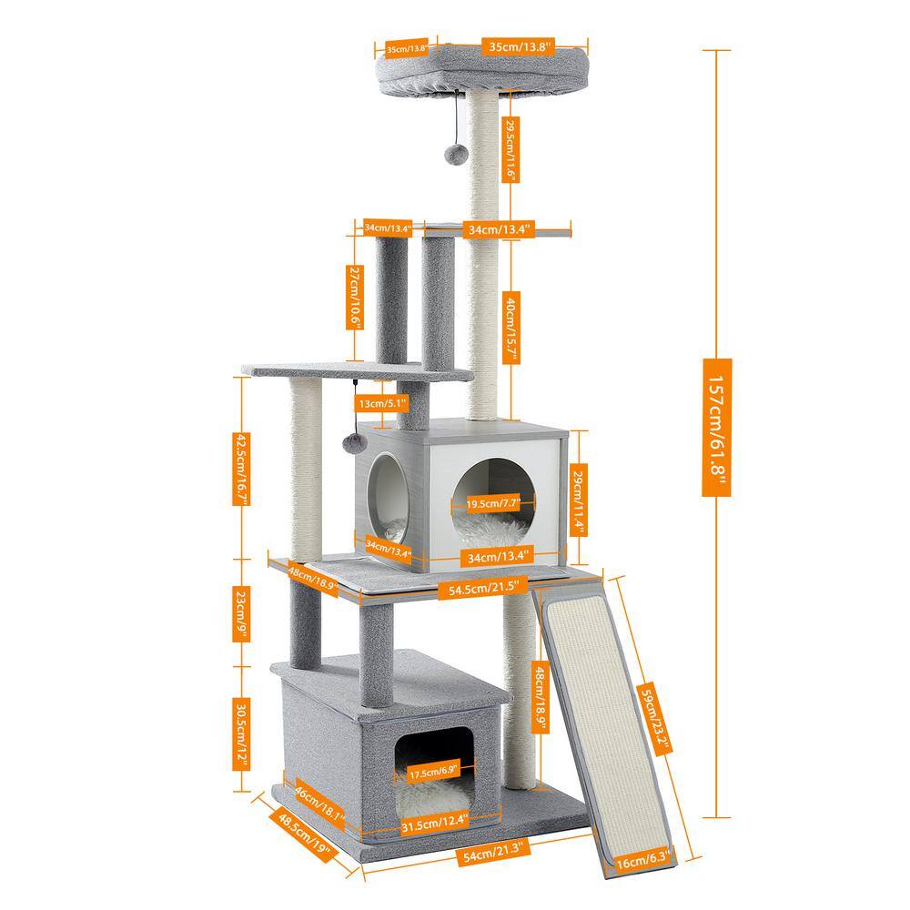 None 61.9 in. H Gray Wooden Cat Tree, Felt Fabric Cat House, Multi-Level Cat Tower with Sisal Covered Scratching Posts