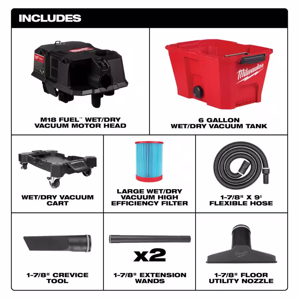 Milwaukee M18 FUEL 6 Gal. Cordless Wet/Dry Shop Vac w/Filter, Hose and AIR-TIP 1-1/4 in. - 2-1/2 in. (1-Piece) Flex Crevice Tool