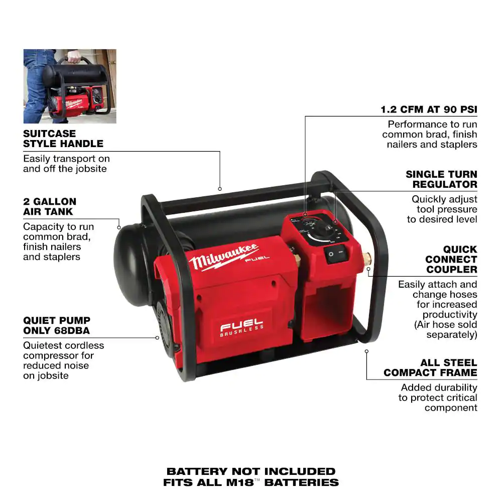 Milwaukee M18 FUEL 18-Volt Lithium-Ion Cordless 2 Gal. Compact Electric Quiet Air Compressor (Tool-Only) w/Clear Safety Glasses