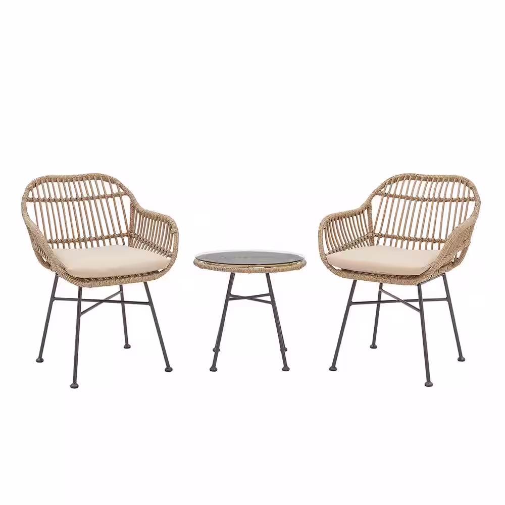 Barton 3-Piece Wicker Outdoor Bistro Set with Beige Cushions