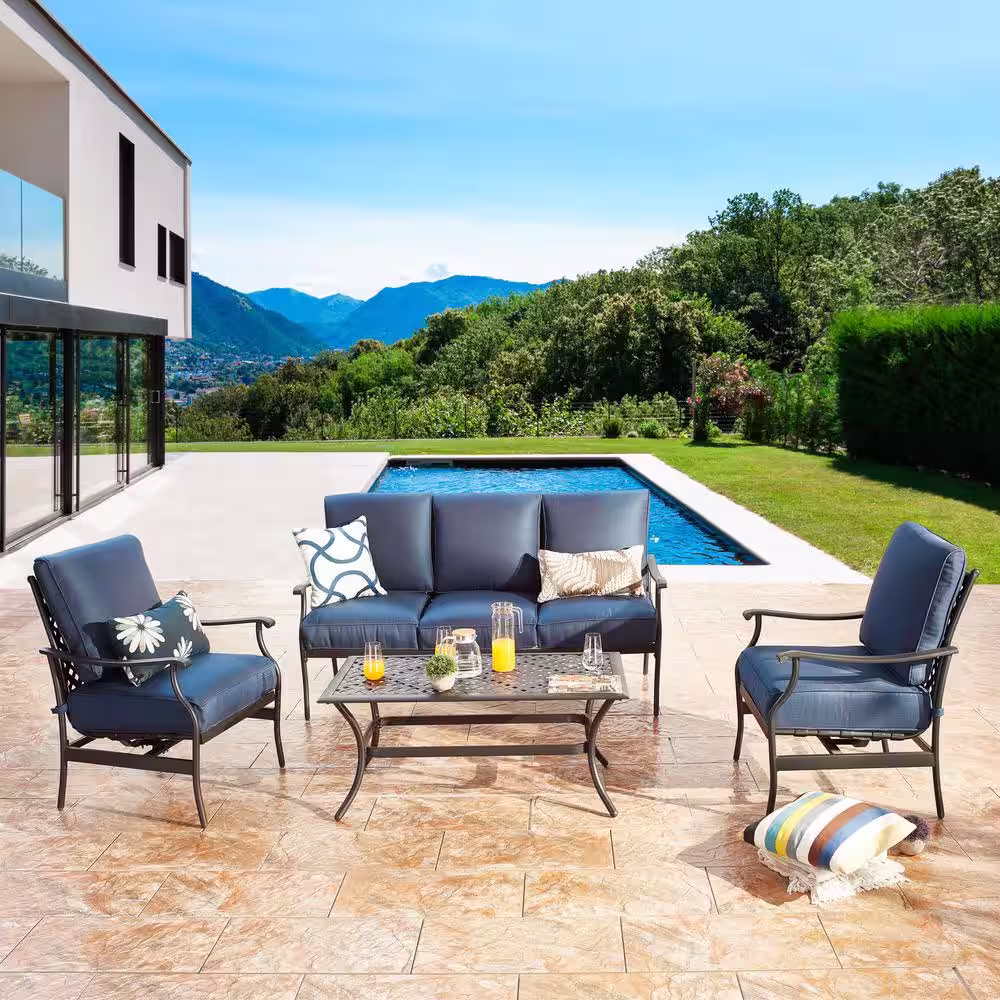 Patio Festival 4-Piece Metal Patio Conversation Set with Blue Cushions
