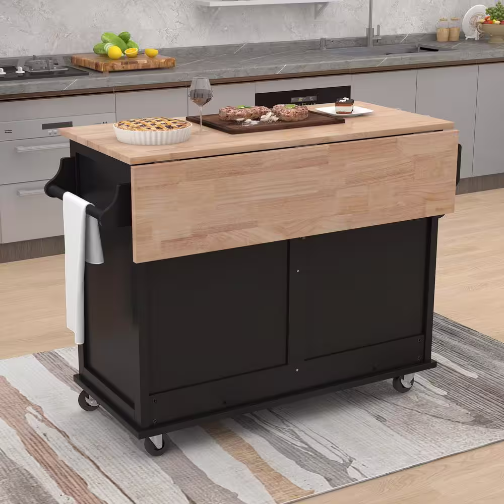 None Black Rubber Wood Flodable Drop-Leaf Countertop 52.2 in. W Kitchen Island with Concealed Sliding Barn Door, Drawers