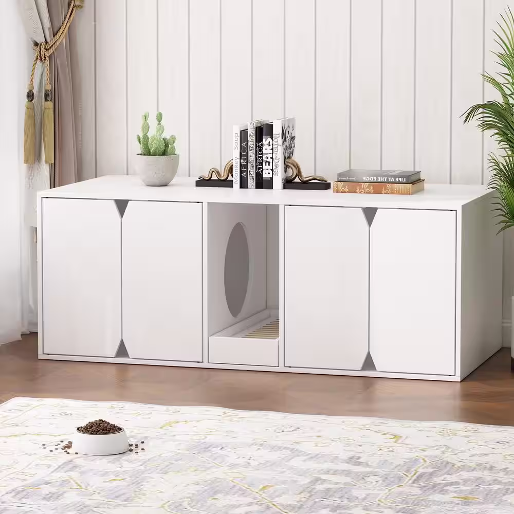 None Indoor Large Modern Wooden 4-Door Cat Washroom with Double Room, Cat Litter Box Enclosure Furniture for 2 Cats, White