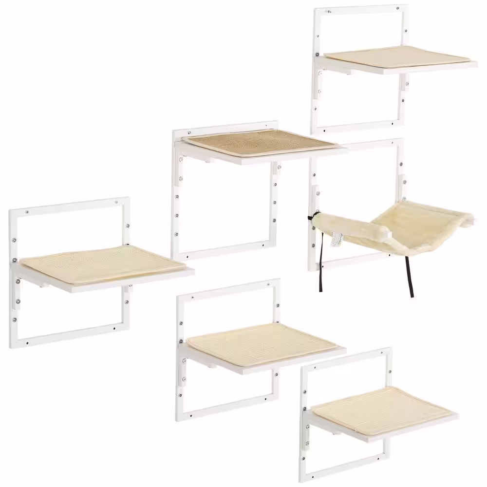 PawHut 6PCs Modern Cat Wall Shelves, Steel Wall-mounted Climbing Shelf Set, Height Adjustable Kitten Activity Center, Cream