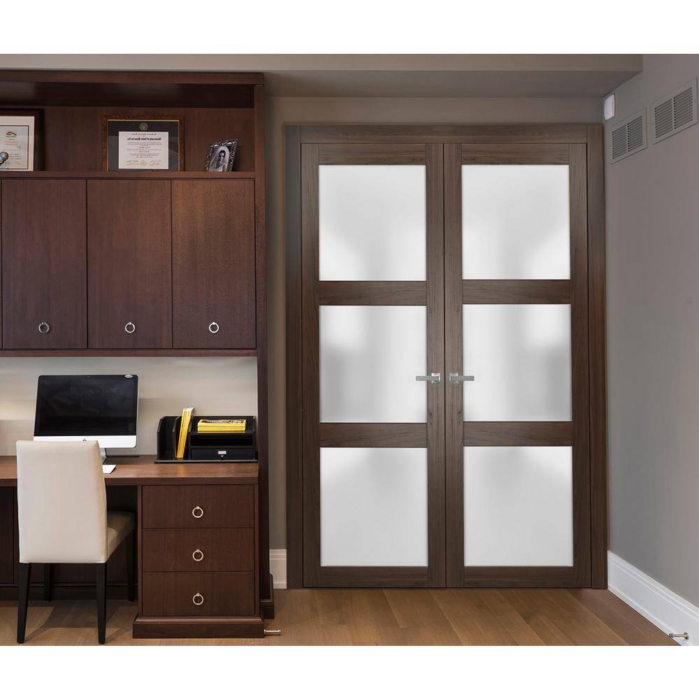 Sartodoors 2552 72 in. x 80 in. Universal Hanling 3-Lite Frosted Glass Solid Brown Finished Pine Wood Interior Door Slab