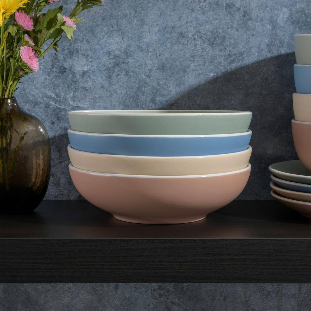 None Creamy Tahini 24 fl.oz 4 Piece Round Assorted Color Stoneware Dinner Bowl Set
