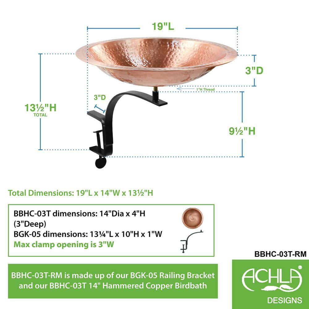 ACHLA DESIGNS 19 in. W Round Satin Hammered Solid Copper Birdbath Bowl with Black Wrought Iron Rail Mount Bracket