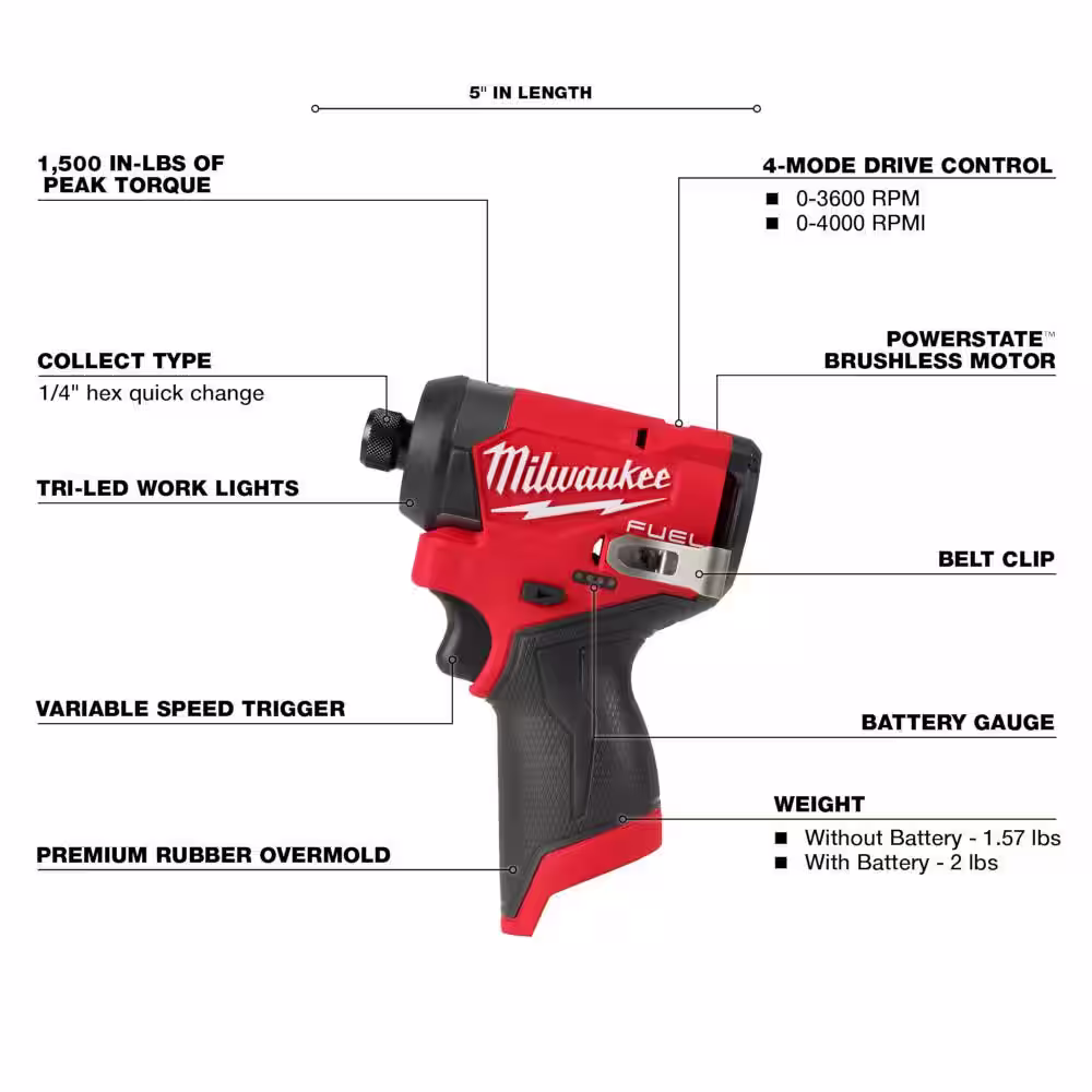 Milwaukee M12 FUEL 12V Lithium-Ion Brushless Cordless 1/4 in. Hex Impact Driver (Tool-Only)
