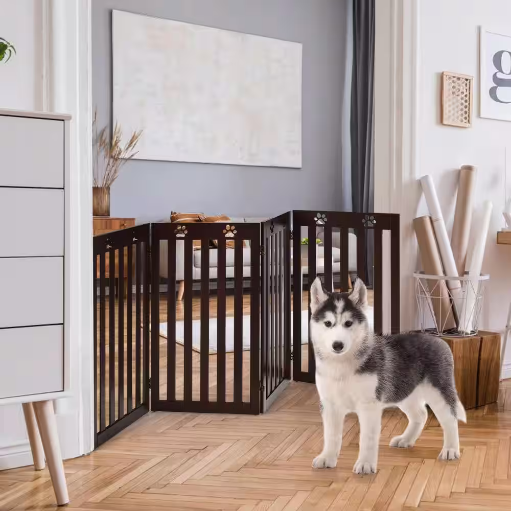 ANGELES HOME 36 in. Folding Wooden Freestanding Pet Gate with 360Â° Hinge