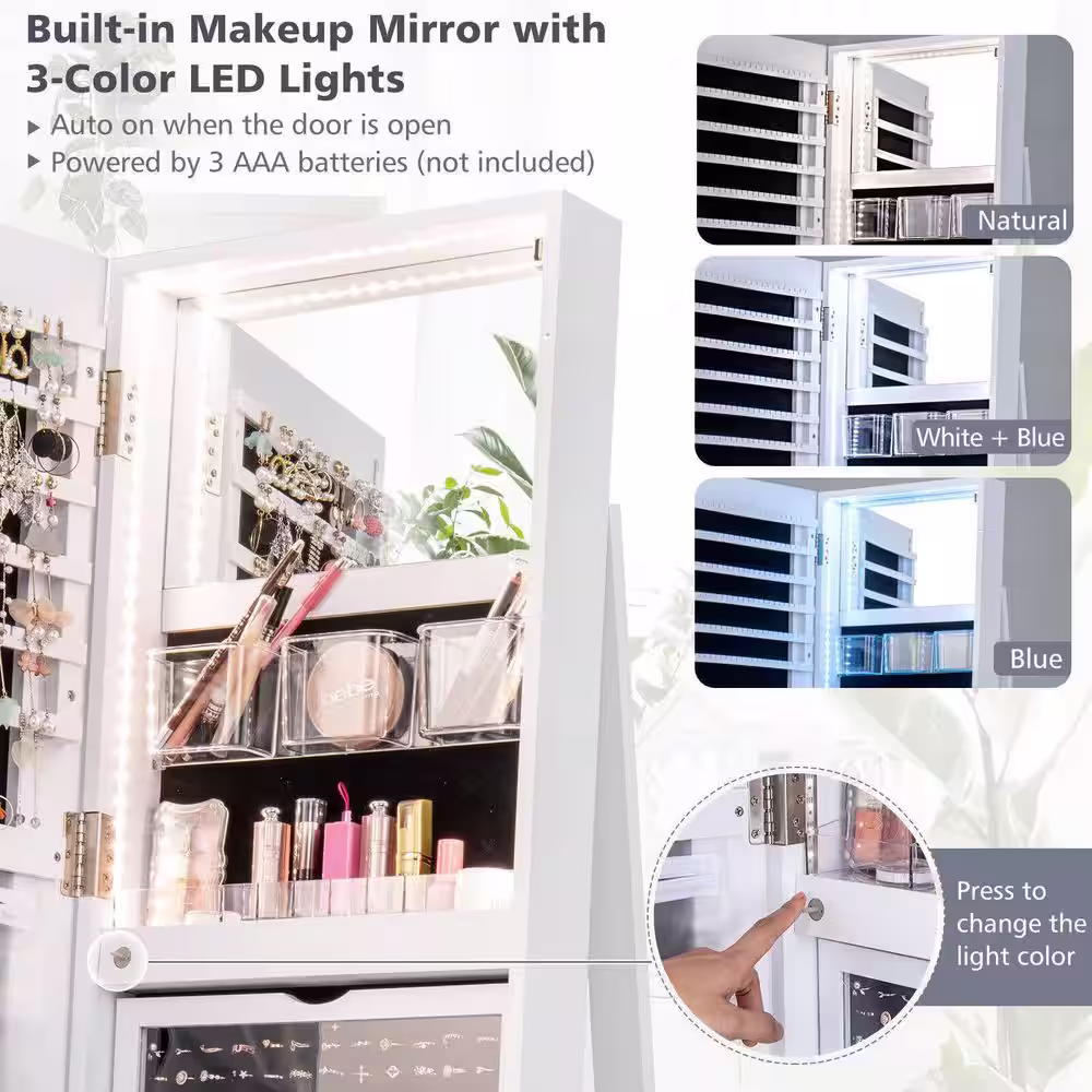 ANGELES HOME Wood 360Â° Rotating Mirrored Jewelry Cabinet Armoire 3 Color LED Modes Lockable