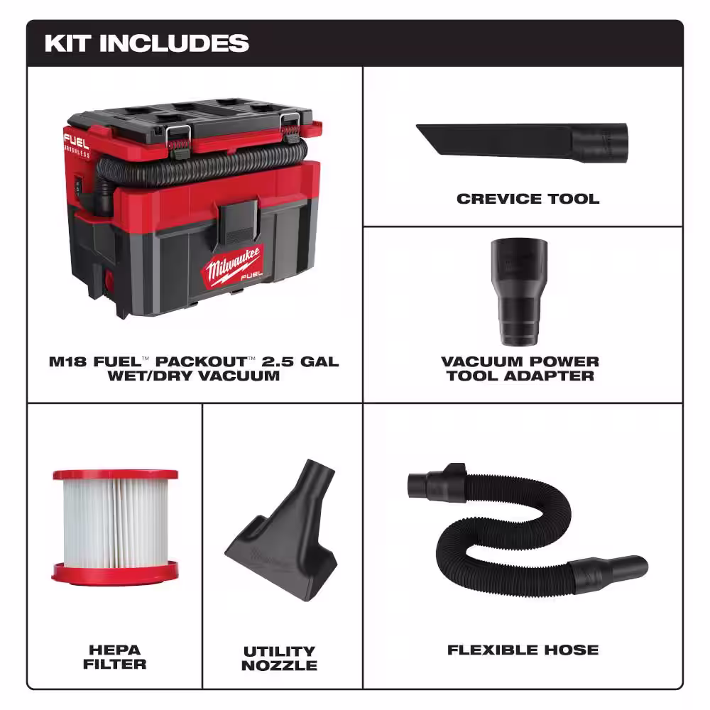 Milwaukee M18 FUEL PACKOUT Cordless 2.5 Gal Wet/Dry Vacuum w/AIR-TIP 1-1/4 in. - 2-1/2 in. (1-Piece) Pivot Extension Wand