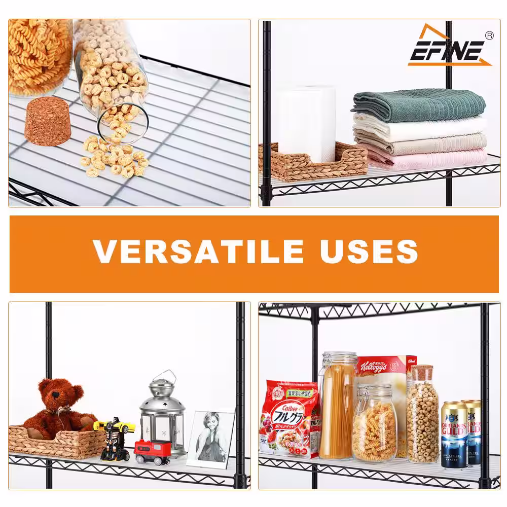 EFINE Black 4-Tier Carbon Steel Wire Garage Storage Shelving Unit, NSF Certified (35.5 in. W x 54 in. H x 15.8 in. D)
